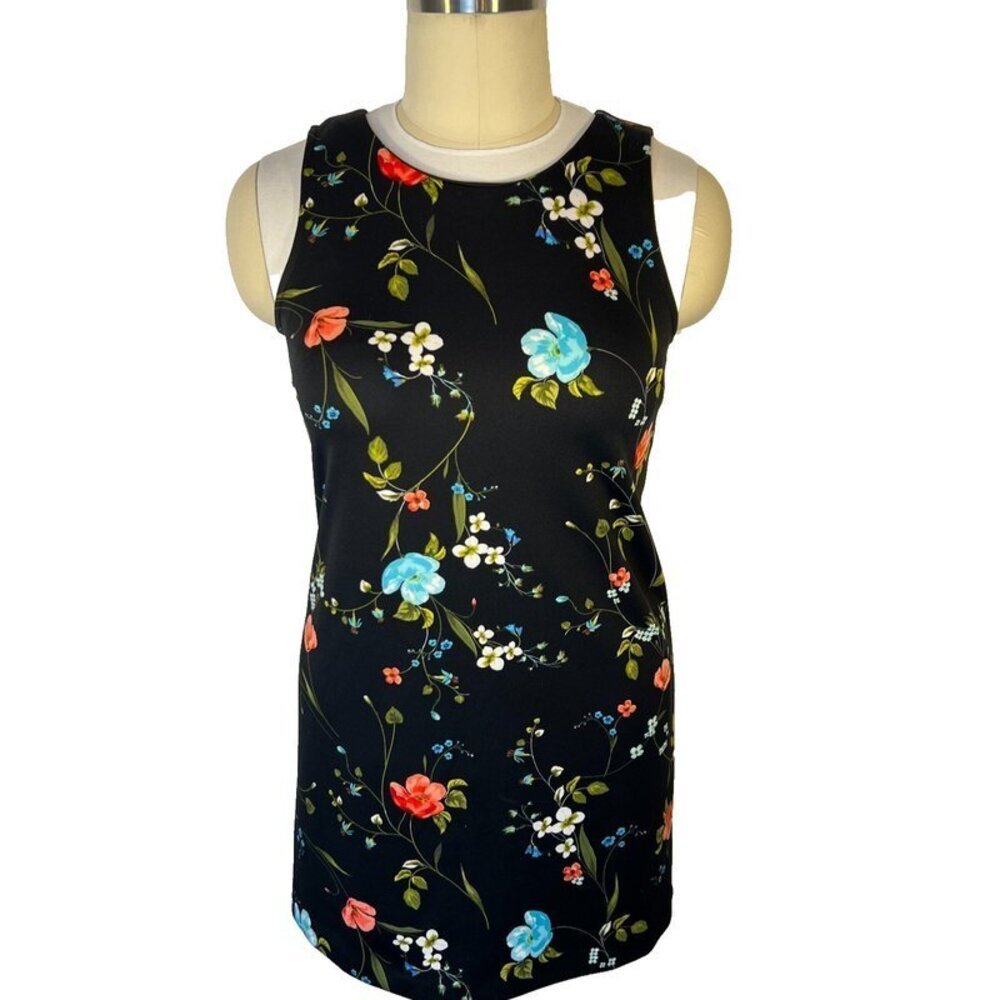 Worthington - Women's L Shift Dress Sleeveless Black Floral Print Round Neck